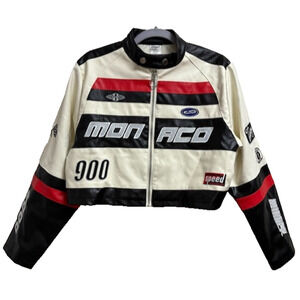 Spirit Halloween Monaco Racing Jacket Womens Small Cropped Moto Faux Leather Y2K